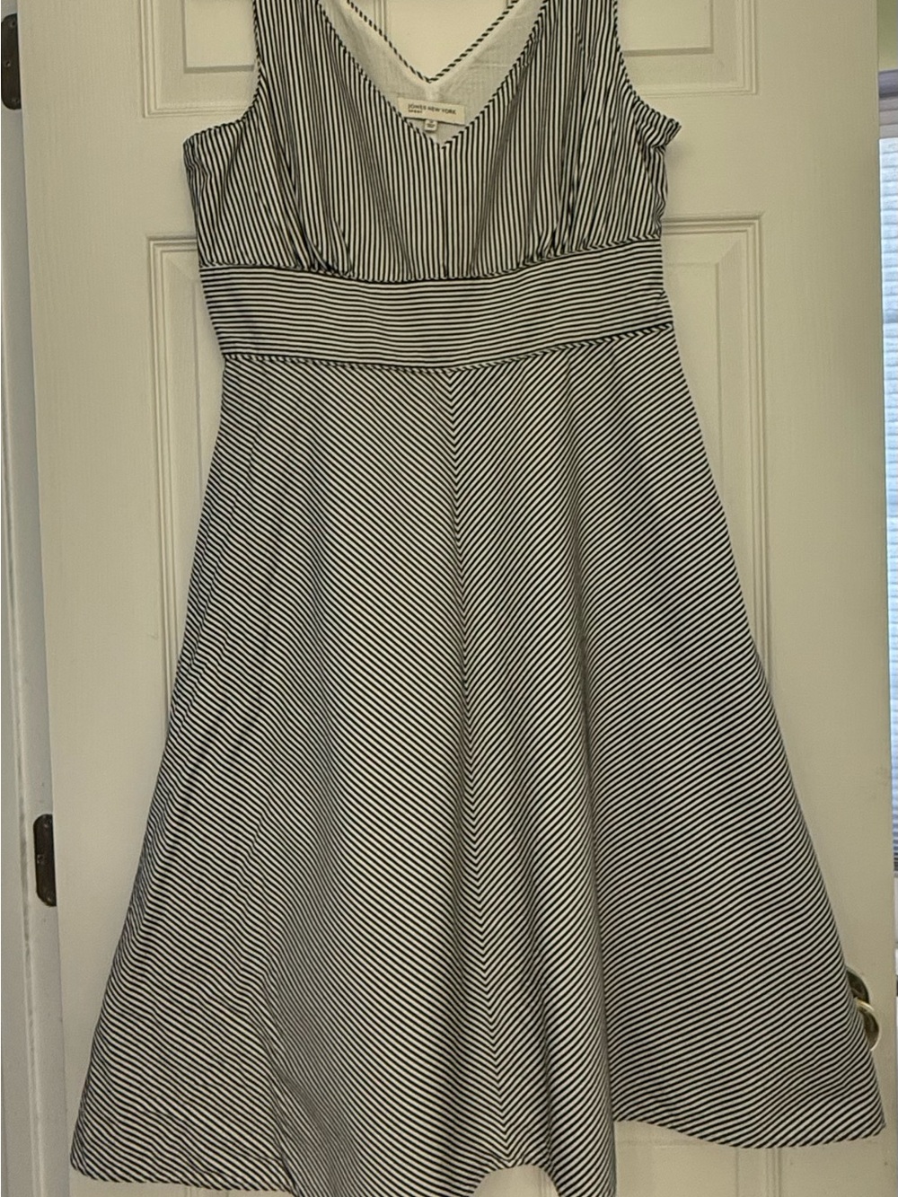 Jones New York Black and White Striped V-Neck Fit-and-Flare Midi Dress